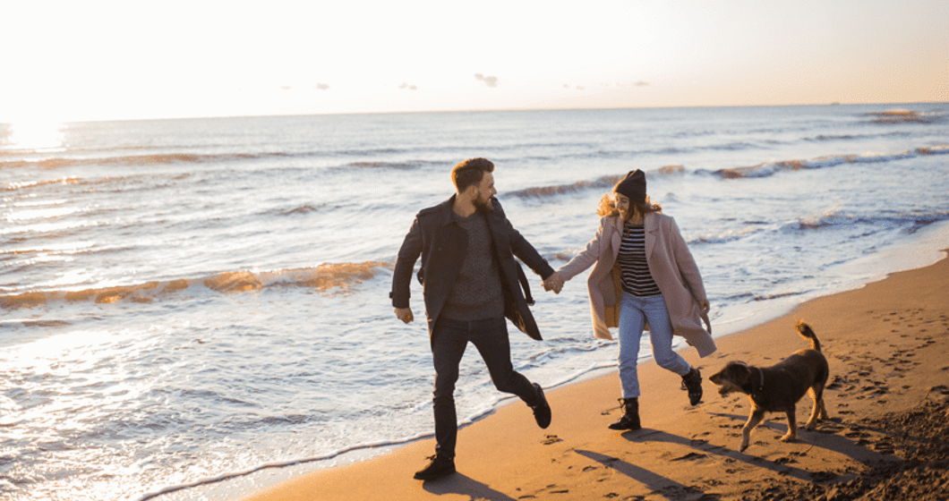 people walking on beach with dog